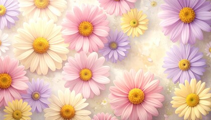 Fototapeta premium Seamless pattern of colorful spring daisy flower blossoms.