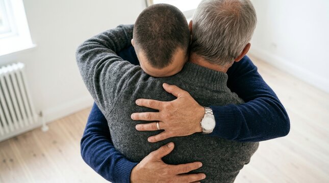 Affections embrace between senior father and adult son at home