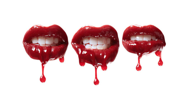 Vampire glossy red lips with sharp white teeth dripping fresh blood drops in repeated row creepy Halloween horror concept on white background