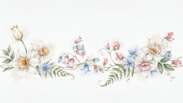 Delicate watercolor border featuring white daffodils and soft pastel spring flowers painted on a clean textured white paper art background