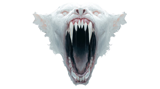 Terrifying white furry monster face with wide open mouth showing sharp long fangs and dripping wet saliva horror illustration on white background