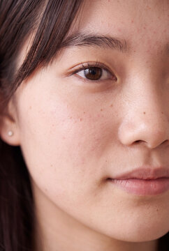 Closeup young woman face skin detail for skincare background and beauty product banner design with natural complexion focus