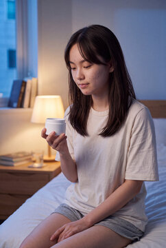Evening skincare routine portrait of a young woman holding a cream jar in bedroom for beauty background and self care banner