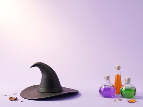 Black witch hat and magic potion bottles on a purple background