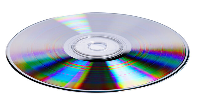 Shiny silver compact disc with rainbow spectrum reflections, isolated on transparent background