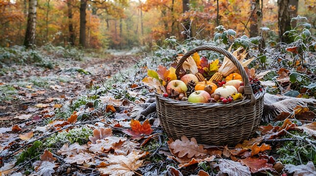 Woven basket filled with autumn harvest sits on frosty forest ground.