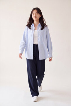Young woman walking full length in casual outfit with shirt and wide pants for fashion lookbook and lifestyle banner background