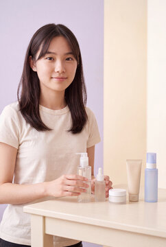 Young woman with skincare bottles and jars on table for beauty product background and skincare routine banner