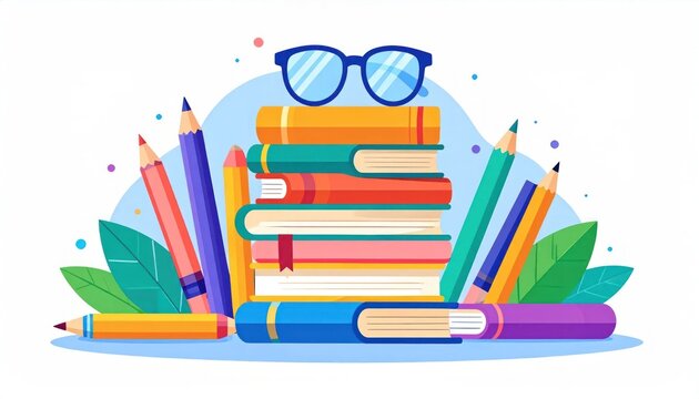 Stack of books with glasses pencils and leaves illustration