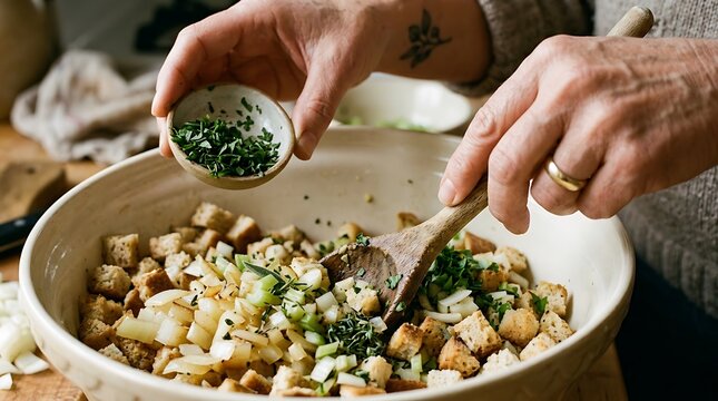 Chef hands adding fresh chopped parsley to rustic bread stuffing bowl.