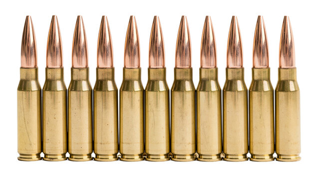 Ten brass rifle cartridges with copper bullet tips, isolated on transparent background