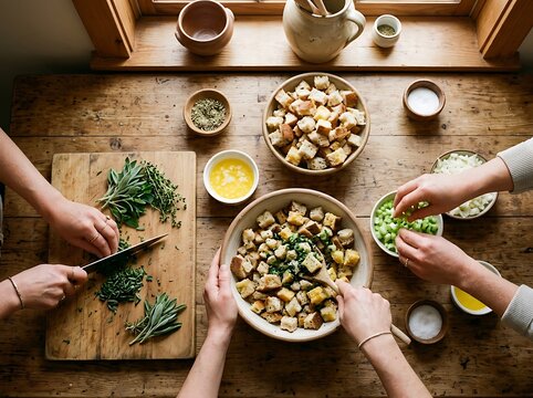 Top view of family preparing traditional holiday bread stuffing on wood.