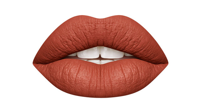 Matte terracotta lipstick on full lips showing white teeth, isolated on transparent background