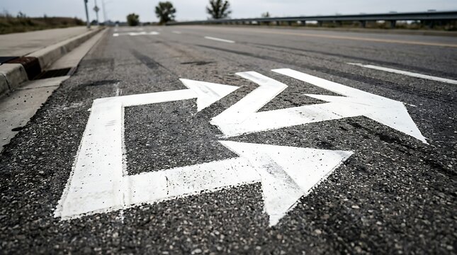 White zigzag road markings and directional arrows painted on asphalt highway surface