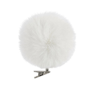 Fluffy white microphone wind muff with a silver metal clip is isolated on a clean white background