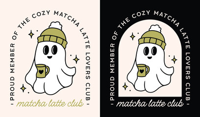 Obraz premium Matcha latte lovers club shirt design fall ghost with green tea cup halloween girls group logo badge sticker illustration. Spooky cute kawaii aesthetic cozy whimsical hot drink mug poster print card.