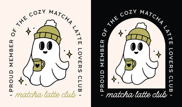 Matcha latte lovers club shirt design fall ghost with green tea cup halloween girls group logo badge sticker illustration. Spooky cute kawaii aesthetic cozy whimsical hot drink mug poster print card.