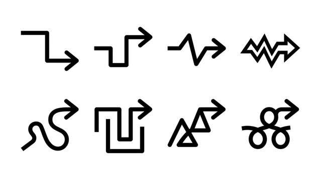 Variety of Arrow Designs: A collection of eight unique arrow designs, each with a distinct style ranging from simple straight lines to complex, intricate patterns, representing direction and movement.
