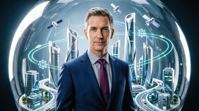Man in Suit, Futuristic Cityscape Reflection, Digital Transformation Concept Featuring Business, Leadership