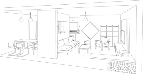 Fototapeta premium Modern open concept home interior line art illustration showing dining room, sofa seating area, and built-in firewood rack
