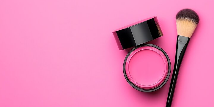 Cosmetic jar with lid and makeup brush on pink background.
