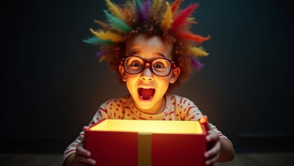 Obraz premium Excited child with wild colorful hair and glasses opening glowing christmas gift box, magical surprised expression, dark background