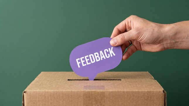 Hand dropping purple speech bubble with feedback word into cardboard box.