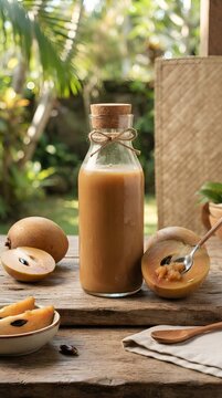 Freshly prepared sapodilla fruit smoothie served in a clear glass bottle on a rustic wooden table in a tropical garden setting