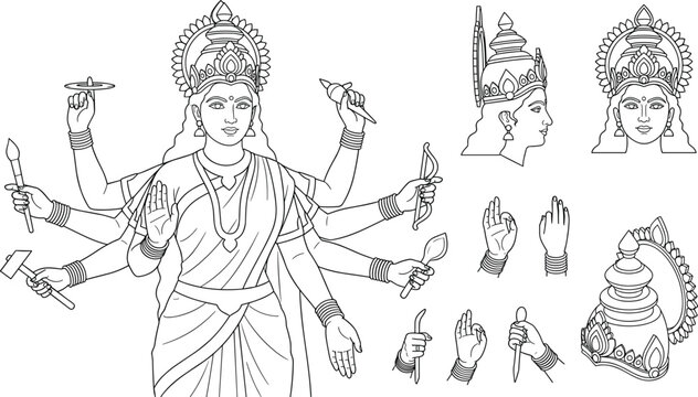 Multi-armed Indian goddess Durga line art vector set with portraits, mudras, and traditional elements