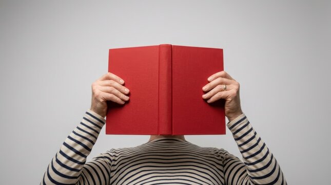 Person holding red book open in front of face against neutral background