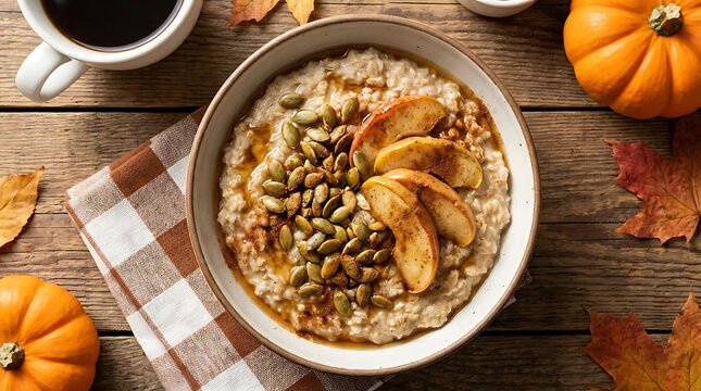Creamy breakfast oatmeal with sliced apples and pumpkin seeds flat lay.