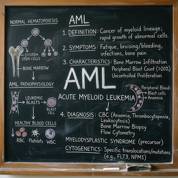 Detailed Medical Diagram Explaining Acute Myeloid Leukemia On A Chalkboard