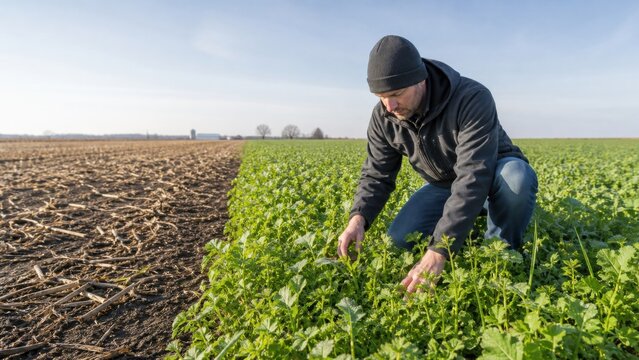 Winter soil protection: A farmer kneels in a green winter cover crop while neighboring bare soil remains only in a small comparison plot
