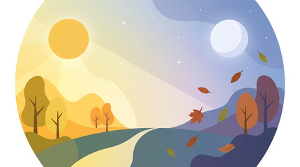Fototapeta premium September Equinox Illustration with Sun and Moon Balance on Transparent Background Isolated on White
