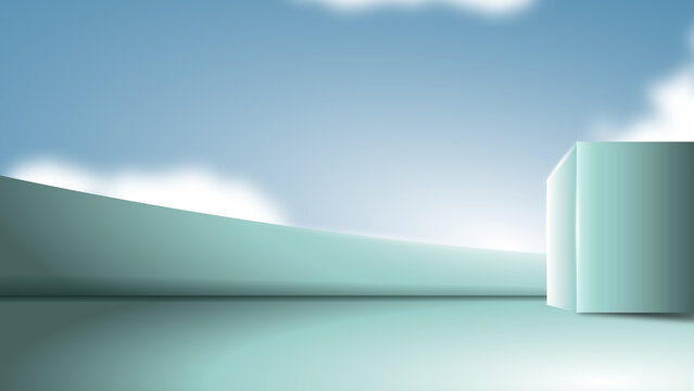 Blue minimalist abstract building with blue sky and cloud. Vector background. Modern outdoor shape as a object display for product, brand, or else.