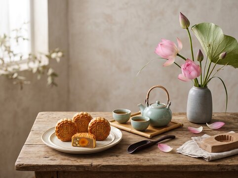 Traditional mooncakes served with Chinese tea and pink lotus flowers on a rustic wooden table for Mid-Autumn Festival celebration