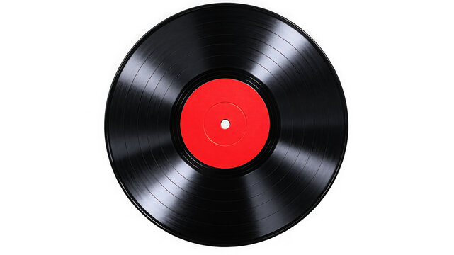Black vinyl record with red label, isolated on transparent background