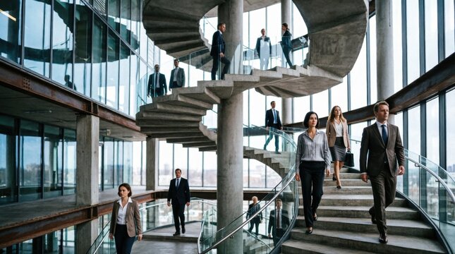 Modern Staircase Architecture with People Walking, Contemporary Office Building Design