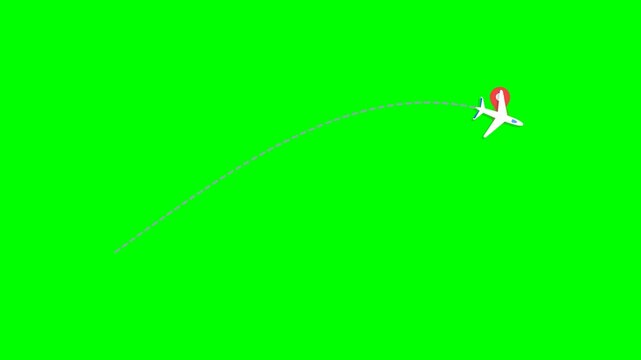 Motion graphic popup showing an airplane traveling along a curved flight route toward a destination location pin.