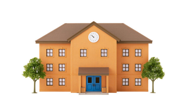 Orange school building with clock and trees, isolated on transparent background
