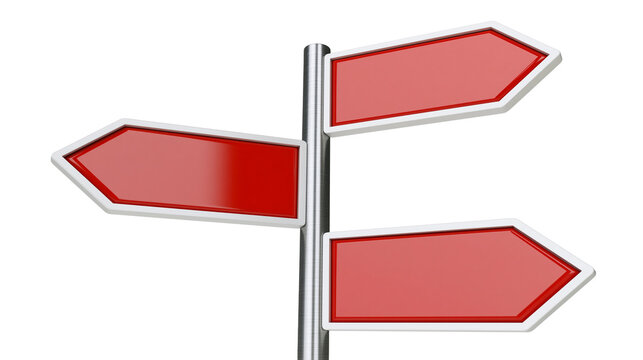 Three blank red directional arrow signs on metal pole, isolated on transparent background