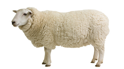 Fluffy white sheep with thick woolly fleece, isolated on transparent background © Finn