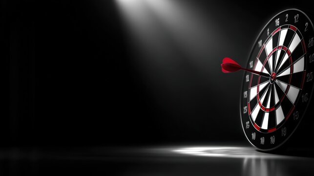 A dart embedded in a black and white dartboard, illuminated by a dramatic spotlight effect