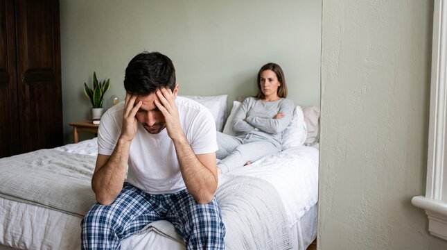 Stressed young man sitting on bed with his upset partner in the background.