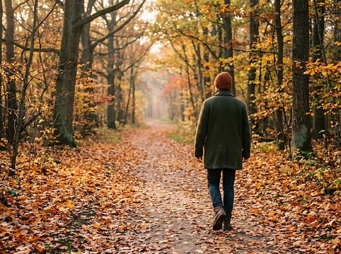 Man in warm coat walks down leaf covered path in autumn woodland.