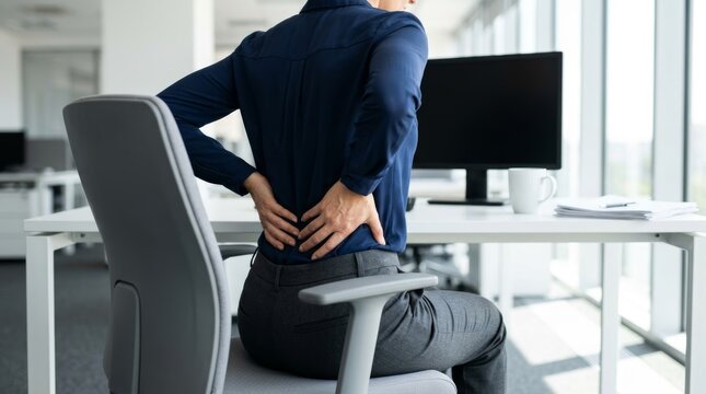 Woman in office chair holding lower back due to pain while working at desk.