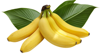 Bunch of ripe yellow bananas with green leaves, isolated on transparent background © Finn