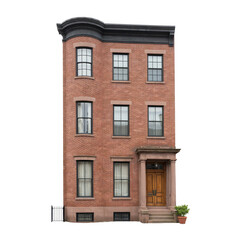 Fototapeta premium Three story red brick townhouse with curved bay window and wooden front door isolated on a transparent background