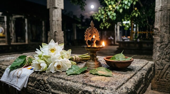 Poya Day Buddhist Still Life with White Lotus, Brass Oil Lamp, Bodhi Leaves and Offering Bowl