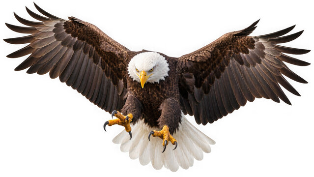 Majestic bald eagle with spread wings talons extended, isolated on transparent background
